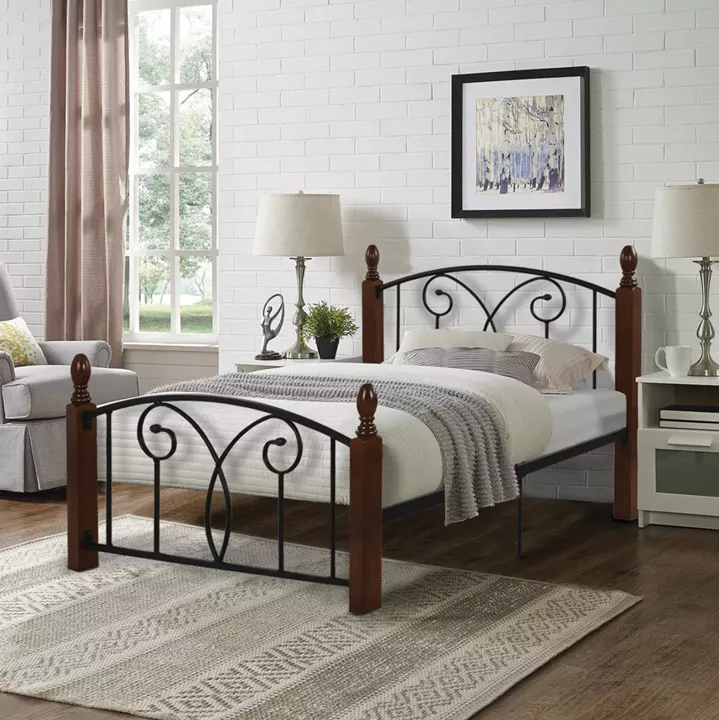 BED WITH MATTRESS SUZIE HM21331 METAL & WOOD IN WALNUT--MATTRESS 90x190cm