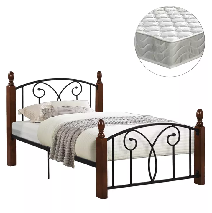 BED WITH MATTRESS SUZIE HM21331 METAL & WOOD IN WALNUT--MATTRESS 90x190cm