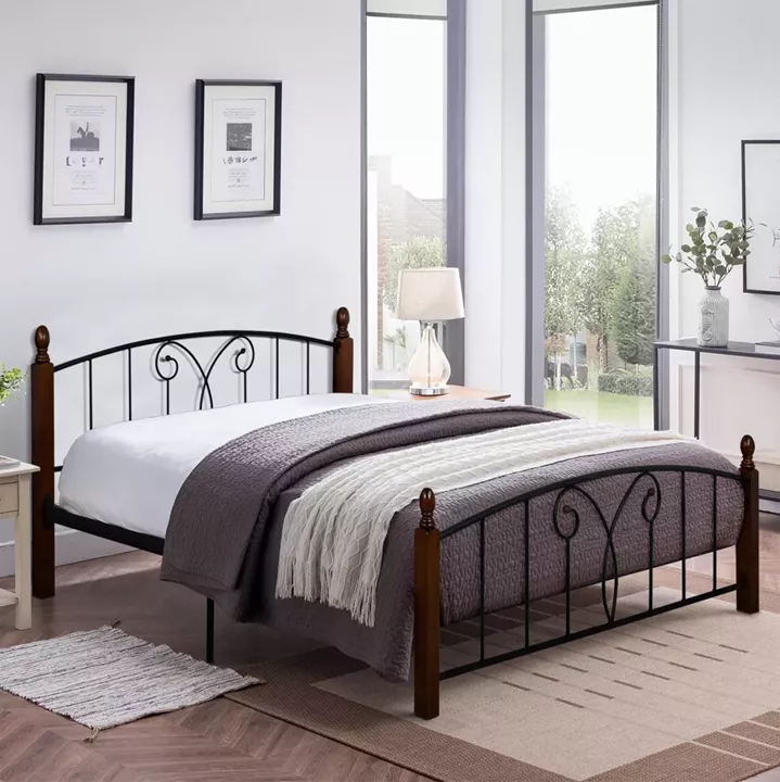 DOUBLE BED WITH MATTRESS SUZIE HM21332 METAL & WOOD IN WALNUT--MATTRESS 150x200cm