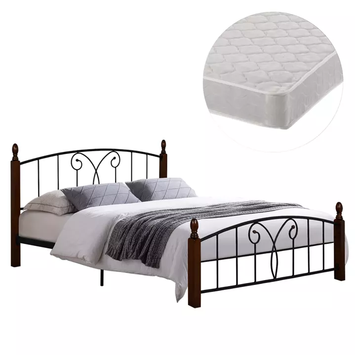 DOUBLE BED WITH MATTRESS SUZIE HM21332 METAL & WOOD IN WALNUT--MATTRESS 150x200cm