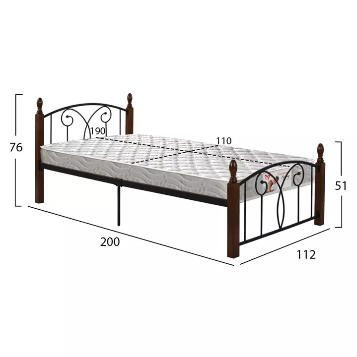 SEMI-DOUBLE BED WITH MATTRESS SUZIE HM21333 METAL & WOOD IN WALNUT--MATTRESS 110x190cm