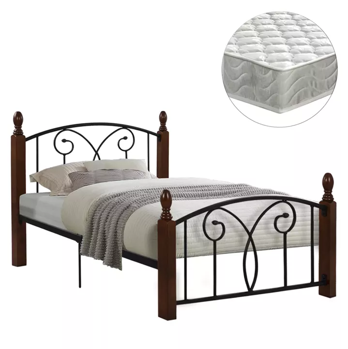 SEMI-DOUBLE BED WITH MATTRESS SUZIE HM21333 METAL & WOOD IN WALNUT--MATTRESS 110x190cm