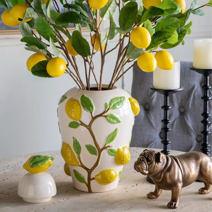 Artekko Lemon Εκρού Κεραμικό Βάζο Δοχείο με Καπάκι και Λεμόνια (22x22x37.5)cm