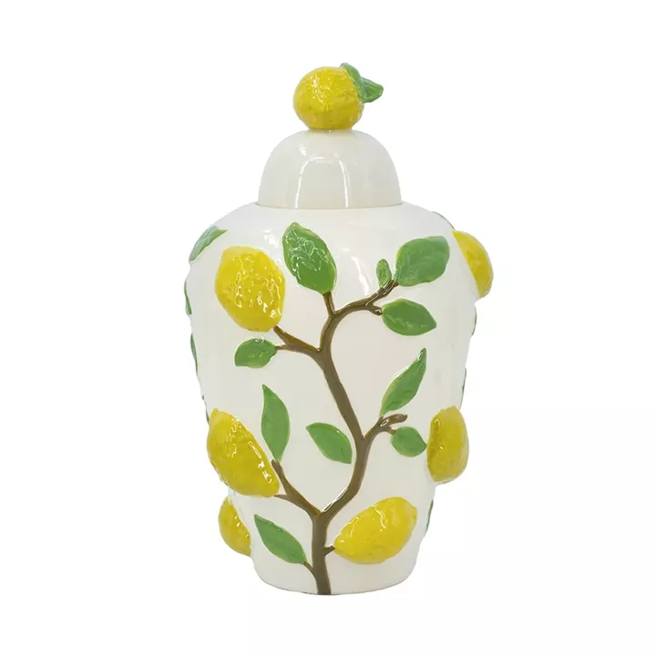 Artekko Lemon Εκρού Κεραμικό Βάζο Δοχείο με Καπάκι και Λεμόνια (22x22x37.5)cm