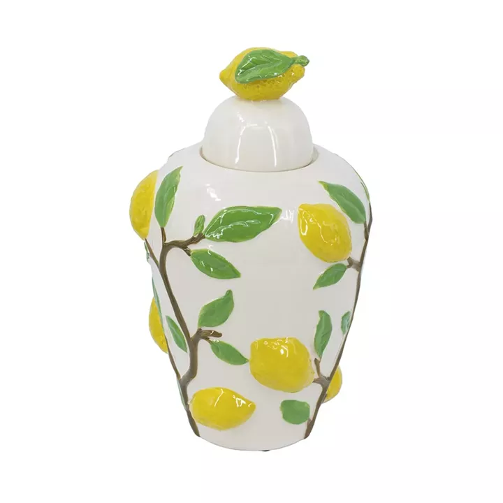Artekko Lemon Εκρού Κεραμικό Βάζο Δοχείο με Καπάκι και Λεμόνια (22x22x37.5)cm