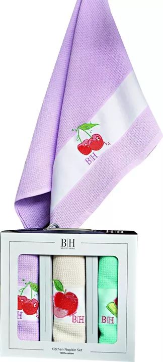 Beauty Home Ποτηρόπανα σετ 3τμχ Fruits Art 8286 40x60 Εκρού,Σιέλ,Ροζ