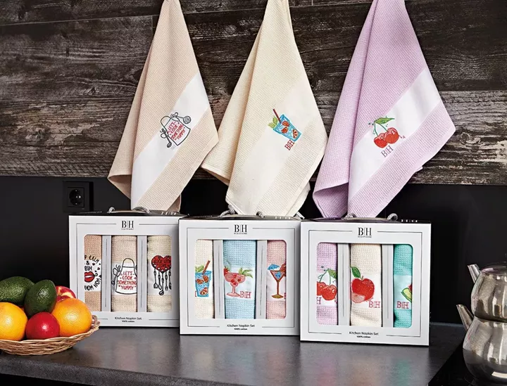 Beauty Home Ποτηρόπανα σετ 3τμχ Fruits Art 8286 40x60 Εκρού,Σιέλ,Ροζ