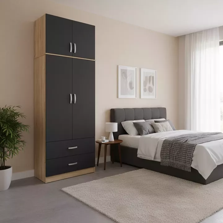 Two-door wardrobe with 2 drawers and loftLego pakoworld in oak-dark grey color 80x42x240cm