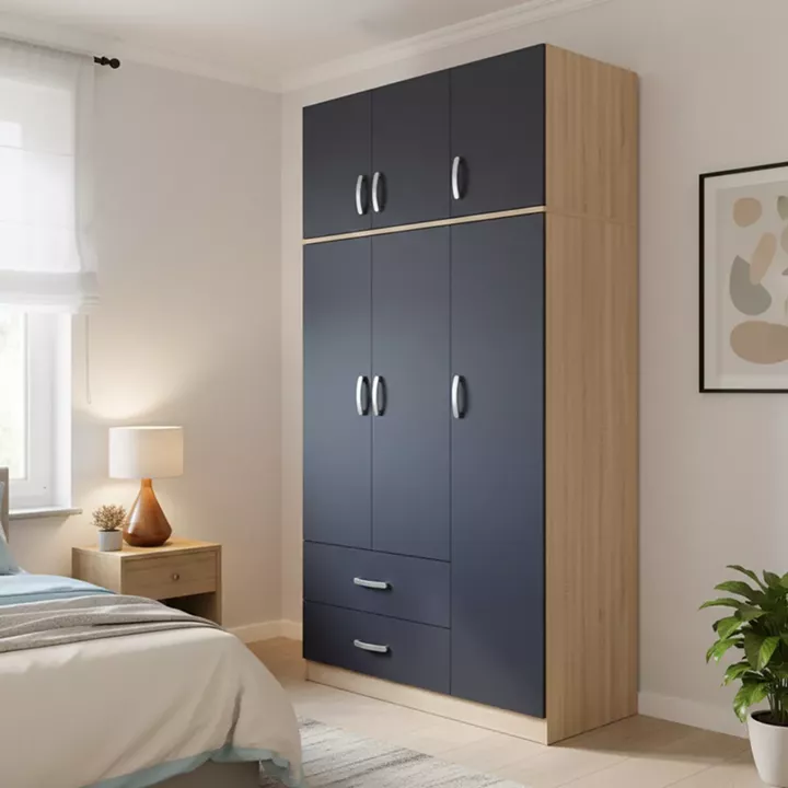 Three-door wardrobe with 2 drawers and loft Lego pakoworld in oak-dark grey color 90x42x240cm