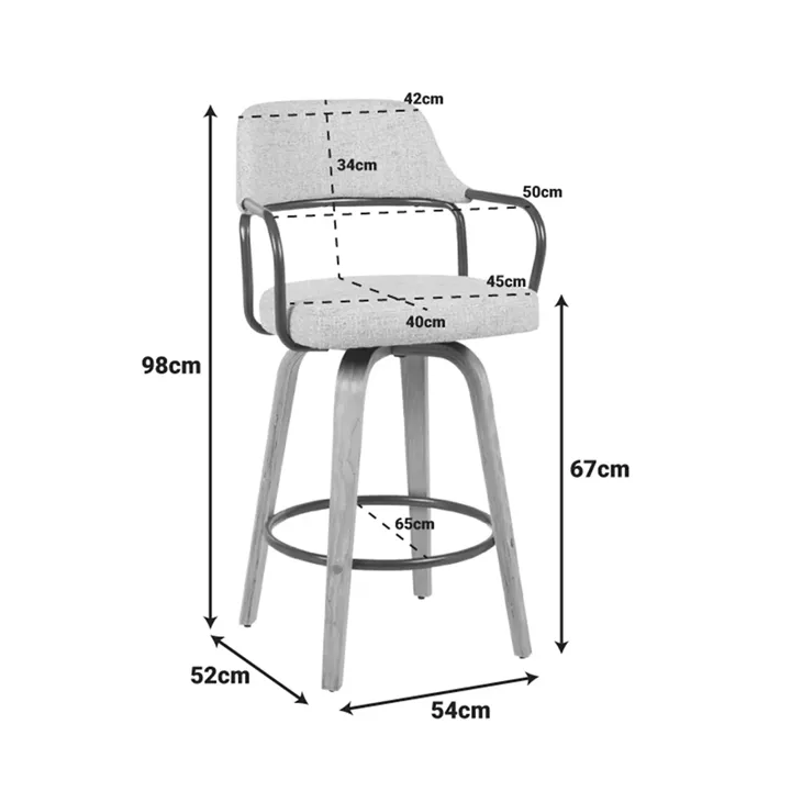 Rotating middle-height bar stool Tertia pakoworld metal-wood and fabric in beige-brown color 54x52x98cm