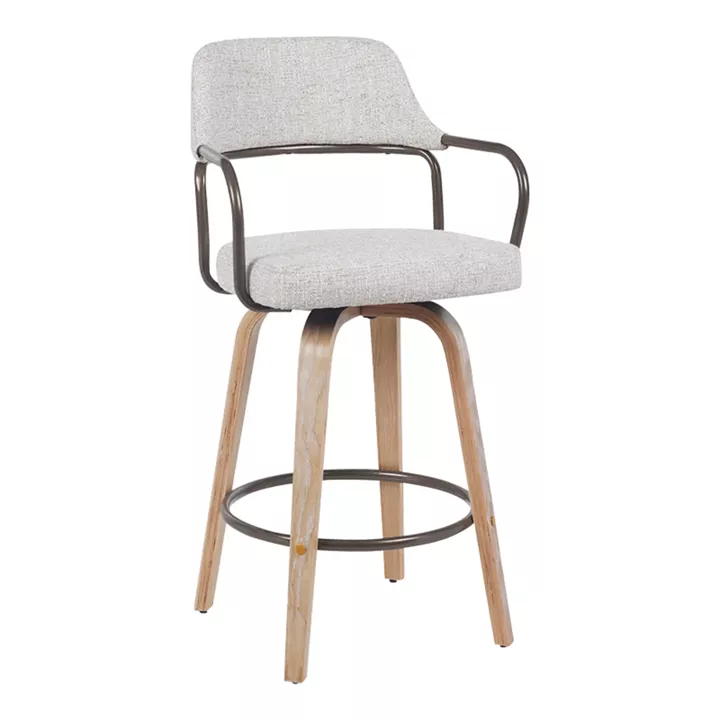 Rotating middle-height bar stool Tertia pakoworld metal-wood and fabric in beige-brown color 54x52x98cm