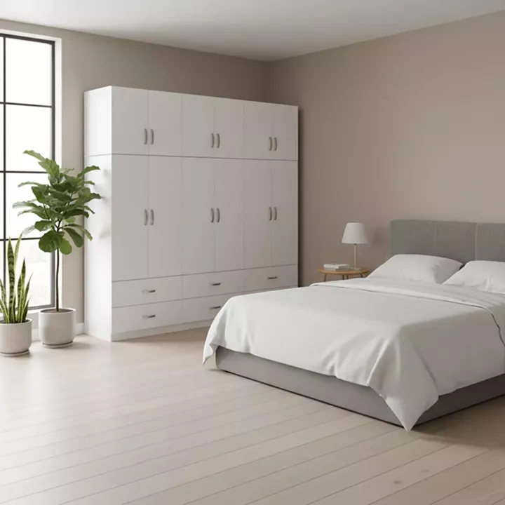 Ντουλάπα εξάφυλλη με συρτάρια και πατάρι Lego pakoworld λευκή 240x42x240εκ