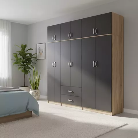 Six-door wardrobe with loft Lego I pakoworld sonoma-anthracite 240x42x240cm