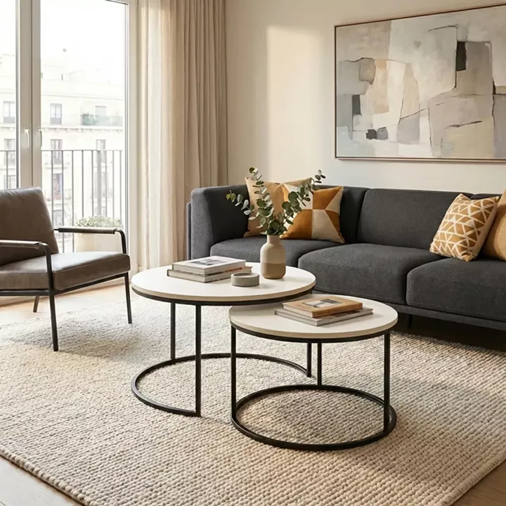 Τραπέζι σαλονιού Solme pakoworld σετ 2τεμ κρεμ-πόδι μαύρο μέταλλο