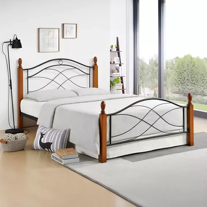 Κρεβάτι Polanian pakoworld ξύλο rubberwood σε καρυδί απόχρωση-μαύρο μέταλλο 90x190εκ