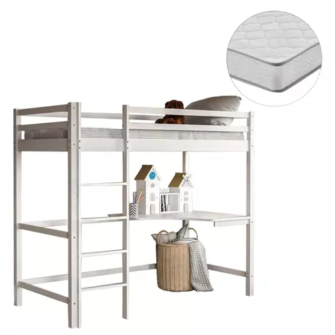 BUNK BED WITH DESK AKRON HM21311.01 PINE WOOD IN WHITE--WITH MATTRESS 90x190cm