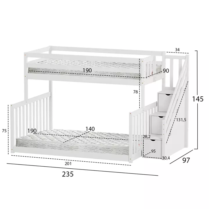 BUNK BED BEAMER HM21320 PINE WOOD IN WHITE--FOR MATTRESSES 90 & 140x190cm.