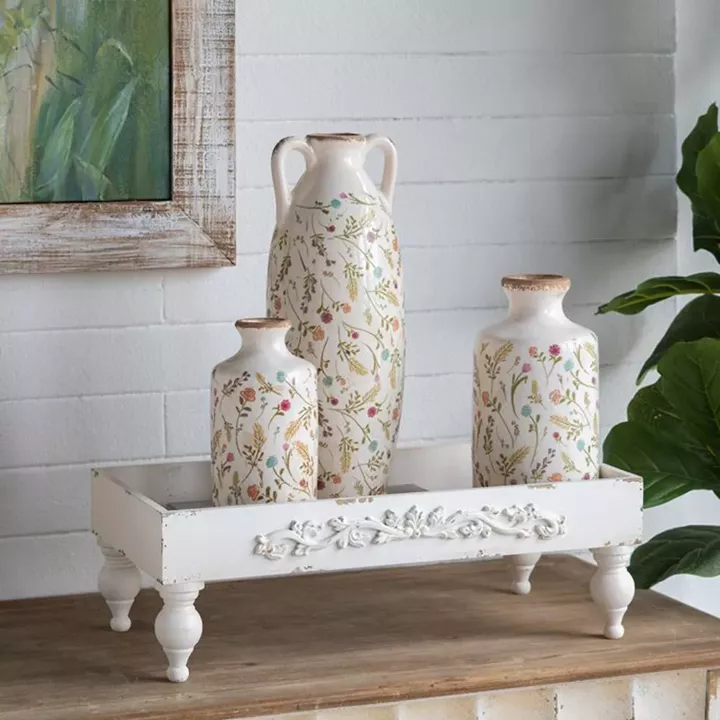 Artekko Aging Λευκό Κεραμικό Βάζο με Λουλούδια (11x11x21)cm