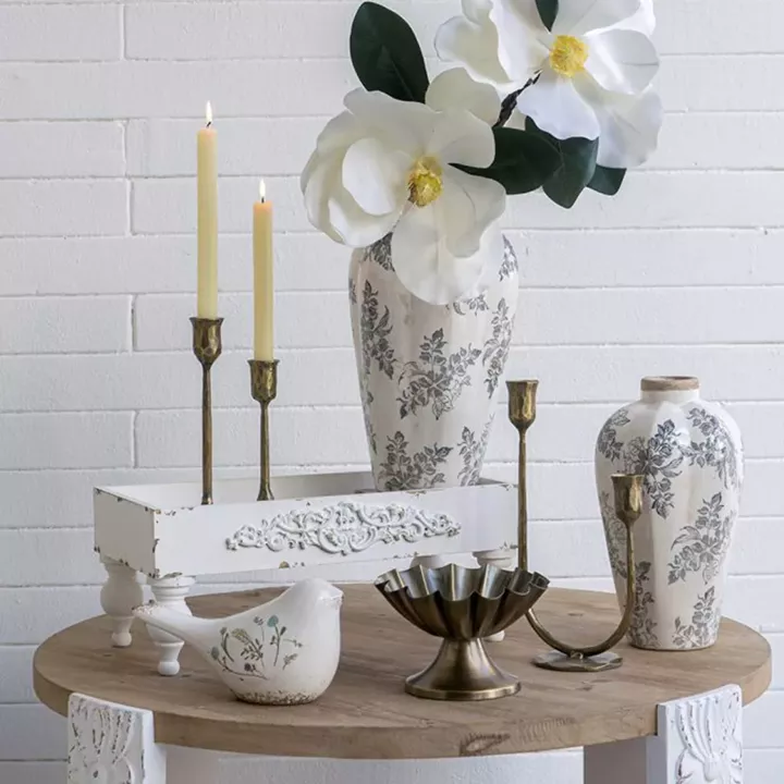 Artekko Aging Λευκό Κεραμικό Βάζο με Γκρι Λουλούδια (13x13x29.5)cm