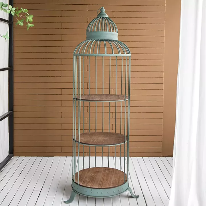 Artekko Birdcage Ραφιέρα Κλουβί με 3 Ξύλινα MDF Ράφια και Μεταλλικό Σκελετό σε Πράσινη Πατίνα (66x61x169)