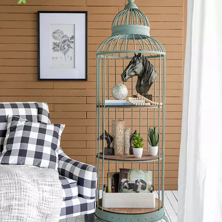 Artekko Birdcage Ραφιέρα Κλουβί με 3 Ξύλινα MDF Ράφια και Μεταλλικό Σκελετό σε Πράσινη Πατίνα (66x61x169)