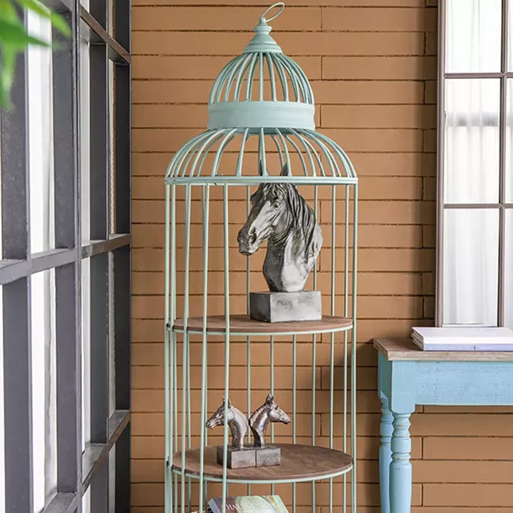 Artekko Birdcage Ραφιέρα Κλουβί με 3 Ξύλινα MDF Ράφια και Μεταλλικό Σκελετό σε Πράσινη Πατίνα (66x61x169)