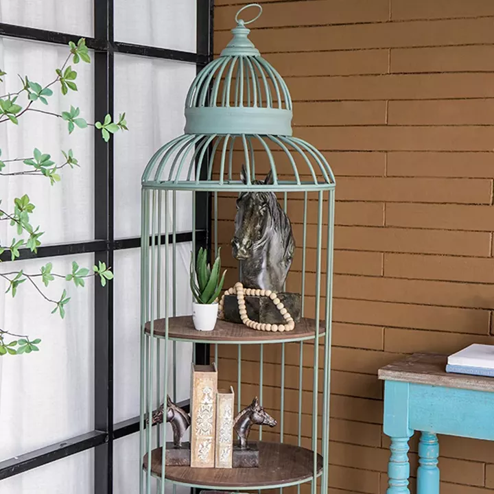 Artekko Birdcage Ραφιέρα Κλουβί με 3 Ξύλινα MDF Ράφια και Μεταλλικό Σκελετό σε Πράσινη Πατίνα (66x61x169)