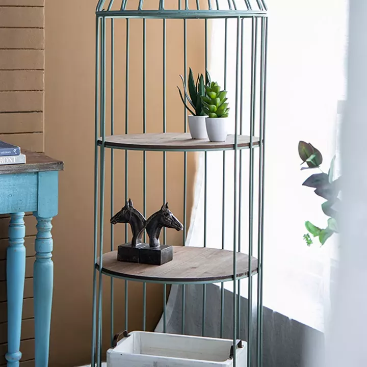 Artekko Birdcage Ραφιέρα Κλουβί με 3 Ξύλινα MDF Ράφια και Μεταλλικό Σκελετό σε Πράσινη Πατίνα (66x61x169)