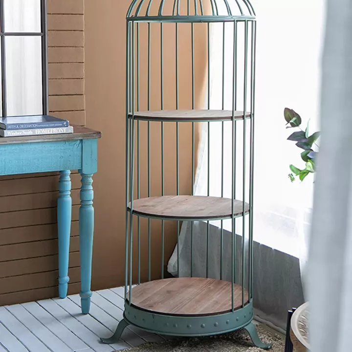 Artekko Birdcage Ραφιέρα Κλουβί με 3 Ξύλινα MDF Ράφια και Μεταλλικό Σκελετό σε Πράσινη Πατίνα (66x61x169)