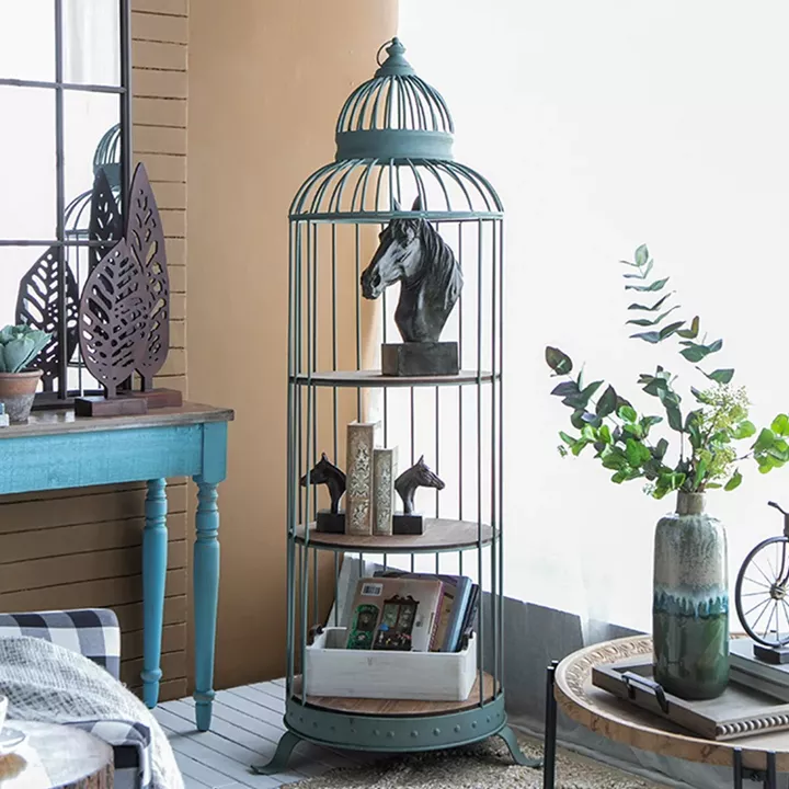 Artekko Birdcage Ραφιέρα Κλουβί με 3 Ξύλινα MDF Ράφια και Μεταλλικό Σκελετό σε Πράσινη Πατίνα (66x61x169)