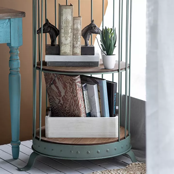 Artekko Birdcage Ραφιέρα Κλουβί με 3 Ξύλινα MDF Ράφια και Μεταλλικό Σκελετό σε Πράσινη Πατίνα (66x61x169)