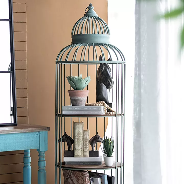 Artekko Birdcage Ραφιέρα Κλουβί με 3 Ξύλινα MDF Ράφια και Μεταλλικό Σκελετό σε Πράσινη Πατίνα (66x61x169)
