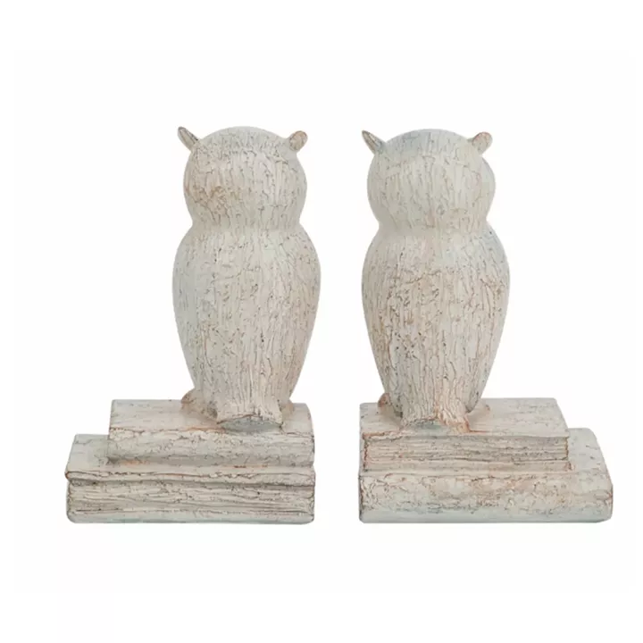 Artekko Owl Bookends Βιβλιοστάτες Ρητίνης με Κουκουβάγιες σε Λευκή Πατίνα (12x10x18)cm 2pcs