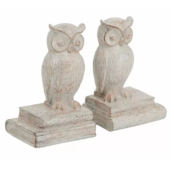 Artekko Owl Bookends Βιβλιοστάτες Ρητίνης με Κουκουβάγιες σε Λευκή Πατίνα (12x10x18)cm 2pcs