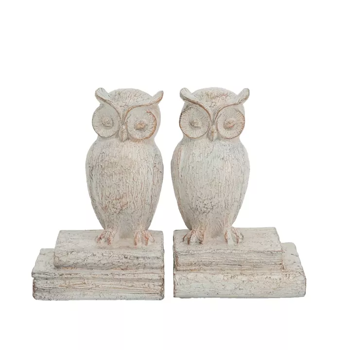 Artekko Owl Bookends Βιβλιοστάτες Ρητίνης με Κουκουβάγιες σε Λευκή Πατίνα (12x10x18)cm 2pcs