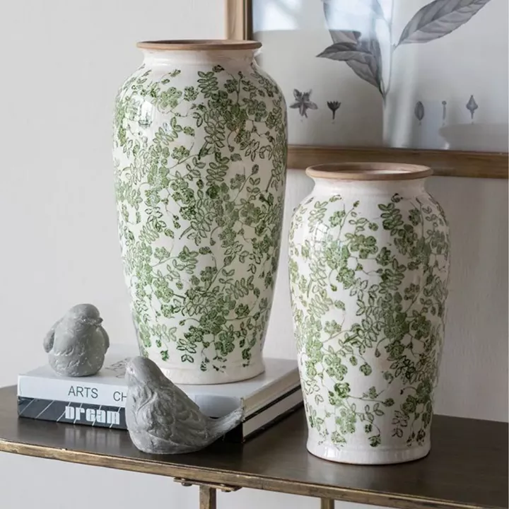 Artekko Aging Μπεζ Διακοσμητικό Κεραμικό Βάζο με Πράσινα Λουλούδια (16.5x16.5x29.5)cm