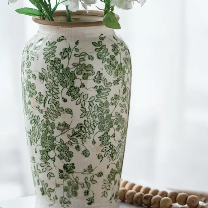 Artekko Aging Μπεζ Διακοσμητικό Κεραμικό Βάζο με Πράσινα Λουλούδια (16.5x16.5x29.5)cm