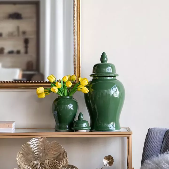 Artekko Melania Πράσινο Κεραμικό Διακοσμητικό Δοχείο Βάζο με Καπάκι (16x16x31)cm