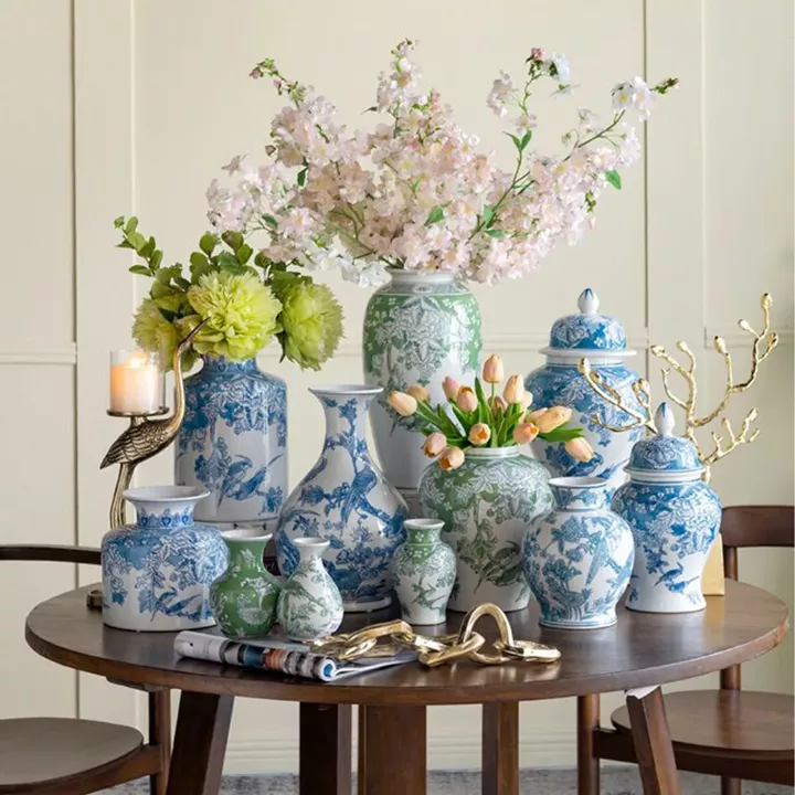 Artekko Melania Διακοσμητικά Βάζα Πορσελάνης σε Άσπρο με Πράσινο (10x10x15.5)cm 3pcs