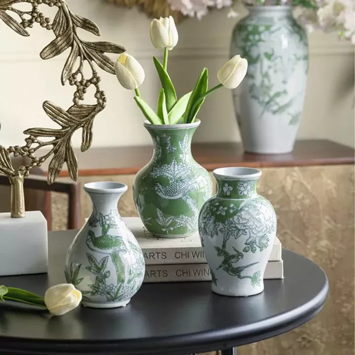 Artekko Melania Διακοσμητικά Βάζα Πορσελάνης σε Άσπρο με Πράσινο (10x10x15.5)cm 3pcs