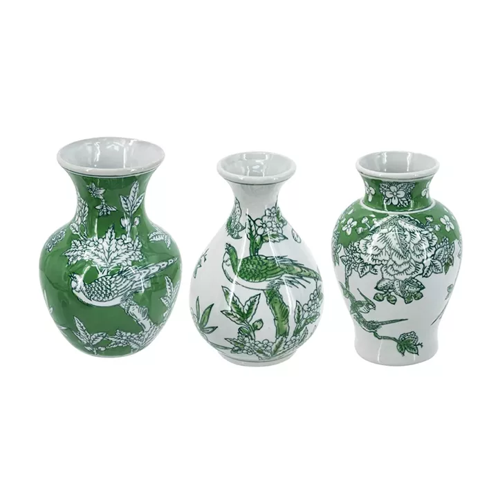 Artekko Melania Διακοσμητικά Βάζα Πορσελάνης σε Άσπρο με Πράσινο (10x10x15.5)cm 3pcs