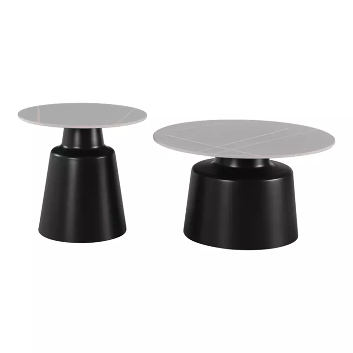 Τραπέζια σαλονιού Dualis pakoworld σετ 2 τεμ μαυρο μέταλλο-sintered stone σε γκρι μαρμάρου