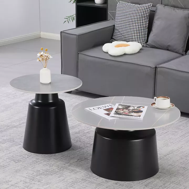 Τραπέζια σαλονιού Dualis pakoworld σετ 2 τεμ μαυρο μέταλλο-sintered stone σε γκρι μαρμάρου