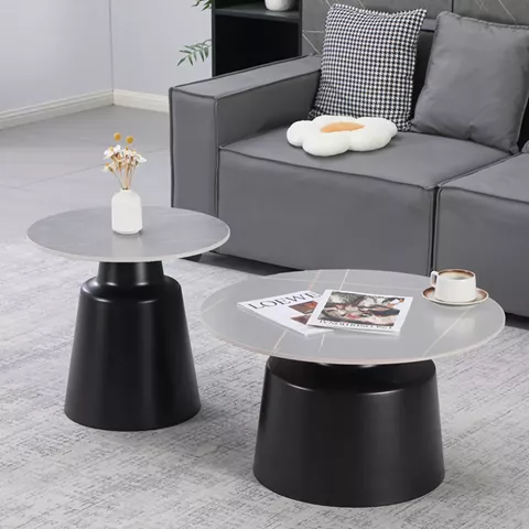 Τραπέζια σαλονιού Dualis pakoworld σετ 2 τεμ μαυρο μέταλλο-sintered stone σε γκρι μαρμάρου