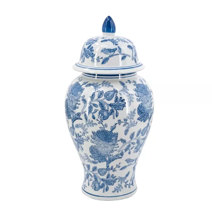Artekko Melania Διακοσμητικό Δοχείο Βάζο με Καπάκι από Πορσελάνη σε Άσπρο και Μπλε (25.5x25.5x51)cm