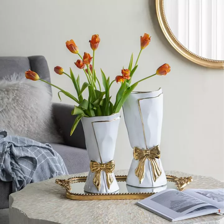 Artekko Glazed Λευκό Κεραμικό Βάζο με Χρυσές Λεπτομέρειες (15.5x15.5x30.7)cm