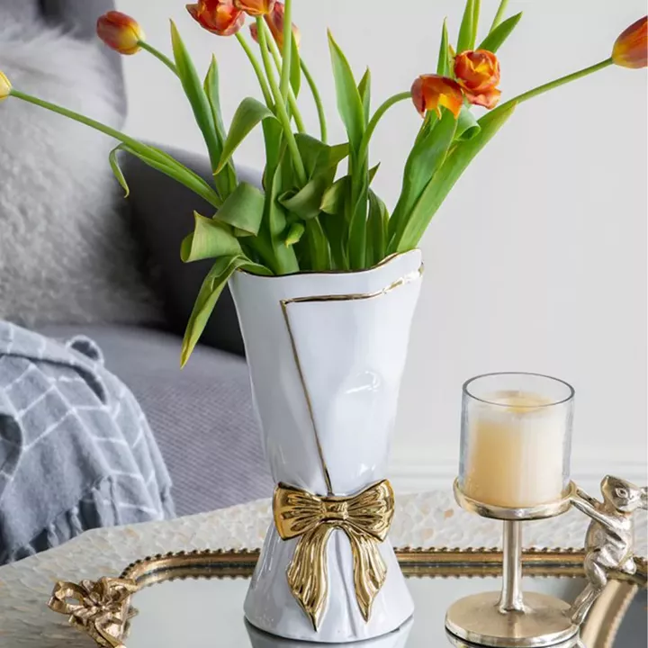 Artekko Glazed Λευκό Κεραμικό Βάζο με Χρυσές Λεπτομέρειες (15.5x15.5x30.7)cm