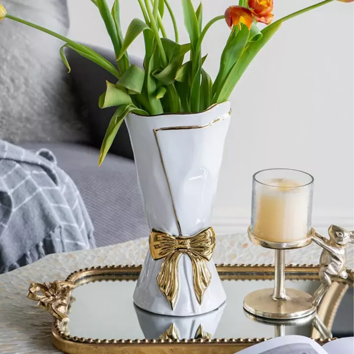 Artekko Glazed Λευκό Κεραμικό Βάζο με Χρυσές Λεπτομέρειες (15.5x15.5x30.7)cm