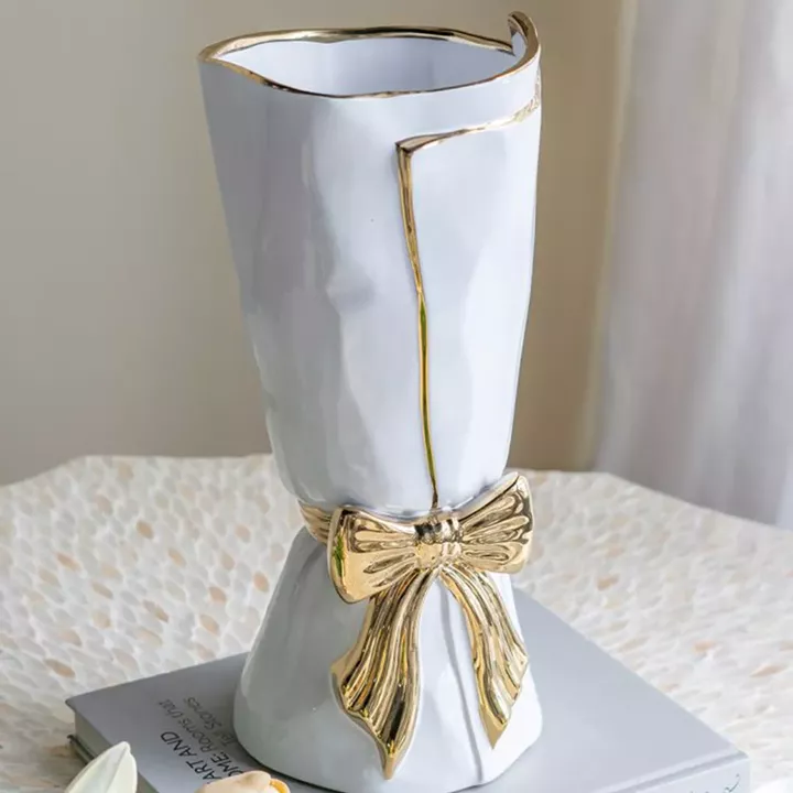 Artekko Glazed Λευκό Κεραμικό Βάζο με Χρυσές Λεπτομέρειες (15.5x15.5x30.7)cm