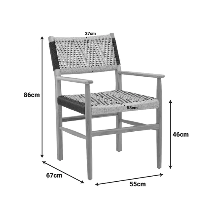 Πολυθρόνα Fermilo pakoworld σκελετός teak ξύλο με pe σχοινί σε φυσική-μαύρη απόχρωση 55x67x86εκ